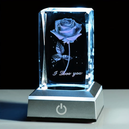 3D Laser Rose Crystal with Light Base Perfect Gift